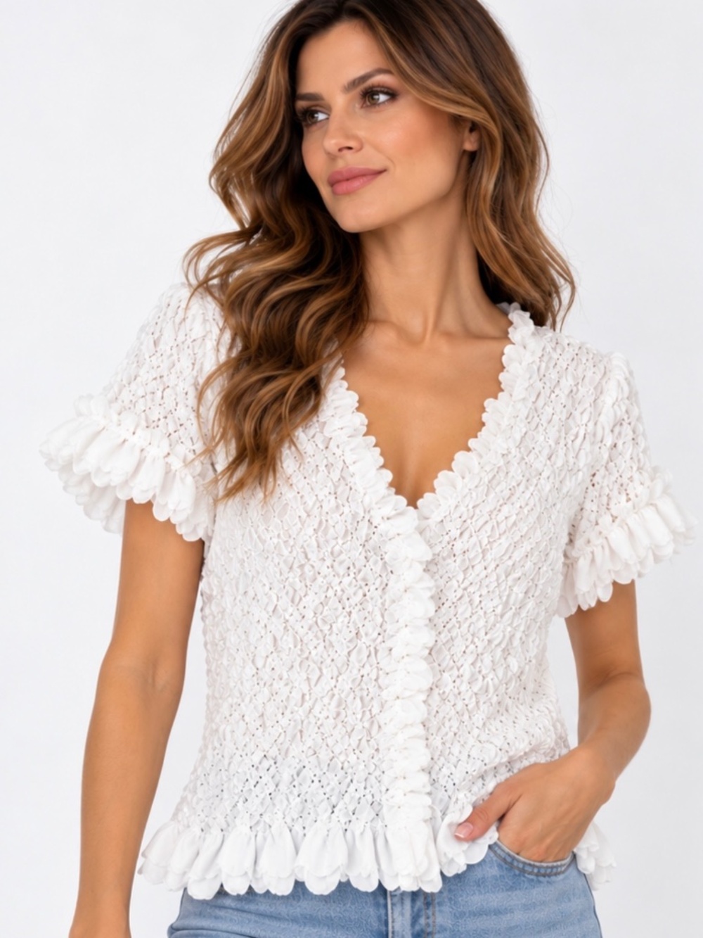 NESS White Crinkle Textured Ruffle V-Neck Blouse Size XL